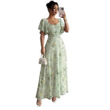 Damen-Maxikleid mit Flatterärmeln, Herzausschnitt und Blumenmuster – Grün