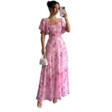 Damen-Maxikleid mit Flatterärmeln, Herzausschnitt und Blumenmuster – Rosa