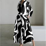 Damen Maxikleid mit Front-Wickelkragen und Musterprint – Schwarzer Streifen