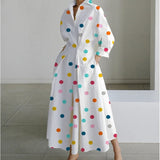 Damen Maxikleid mit Front-Wickelkragen und Musterprint – Regenbogen Polka