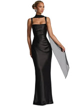 Damen Maxikleid mit geradem Ausschnitt und Drapierung – Schwarz