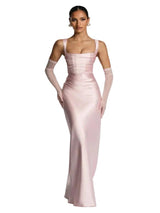 Damen Maxikleid mit geradem Ausschnitt und Drapierung – Hellrosa