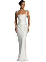 Damen Maxikleid mit geradem Ausschnitt und Drapierung – Weiß