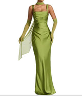 Damen Maxikleid mit geradem Ausschnitt und Drapierung – Grün