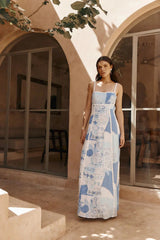 Damen Maxikleid mit geradem Ausschnitt und schmalen Trägern mit Zierborte und illustrativem Druckmuster – Blau