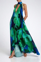Damen Maxikleid mit Halterkragen und Plissierter Struktur – Grün