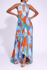 Damen Maxikleid mit Halterkragen und Plissierter Struktur – Türkisblau