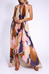 Damen Maxikleid mit Halterkragen und Plissierter Struktur – Fuchsia