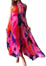 Damen Maxikleid mit Halterkragen und Plissierter Struktur – Rosa