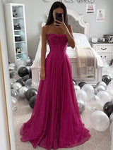 Damen Maxikleid mit Herzausschnitt Spaghettiträgern und glitzerndem Tüllrock – Dunkelrosa