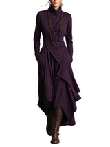 Damen Maxikleid mit hohem Kragen, asymmetrischem Saum und langen Ärmeln – Rot