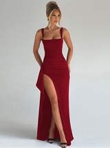 Damen Maxikleid mit Karree-Ausschnitt breiten Trägern und hohem Beinschlitz – Rot