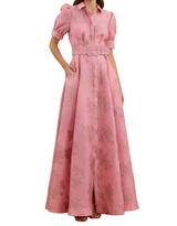 Damen Maxikleid mit Knopfleiste, kurzen Ärmeln und Taillengürtel – Rosa