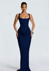 Damen Maxikleid mit Korsettoberteil und Breiten Schulterträgern – Marineblau