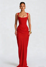 Damen Maxikleid mit Korsettoberteil und Breiten Schulterträgern – Rot