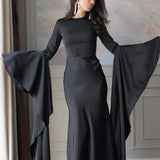 Damen Maxikleid mit Langen Ärmeln, Glockenbündchen und Drapierten Rockbahnen – Schwarz
