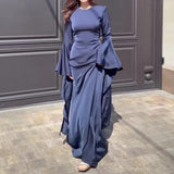 Damen Maxikleid mit Langen Ärmeln, Glockenbündchen und Drapierten Rockbahnen – Marineblau