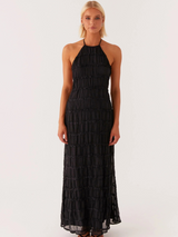 Damen Maxikleid mit Nackenbindung Offenem Rücken und Strukturierter Oberfläche – Schwarz