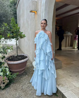 Damen Maxikleid mit Nackenträgern Blütenapplikation und mehrlagigen Volants – Hellblau