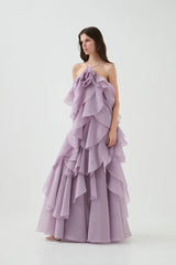 Damen Maxikleid mit Nackenträgern Blütenapplikation und mehrlagigen Volants – Lila