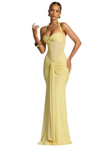 Damen Maxikleid mit Neckholder-Ausschnitt, Transparentem Einsatz und Drapiertem Rock – Gelb