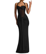 Damen Maxikleid mit Neckholder-Ausschnitt, Transparentem Einsatz und Drapiertem Rock – Schwarz