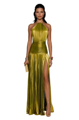 Damen Maxikleid mit Neckholder, Faltenrock und Schlitz – Grun