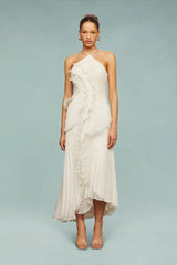 Damen Maxikleid mit Neckholder, Faltenstruktur und Rüschendetails – Weiß