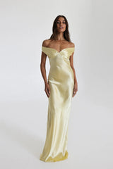 Damen Maxikleid mit Off-Shoulder-Ausschnitt V-Dekolleté und Bodenlanger Länge – Gelb