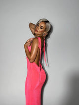 Damen Maxikleid mit Offenem Rücken Bindebändern und Dünnen Trägern – Rosa