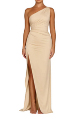 Damen Maxikleid mit One-Shoulder-Ausschnitt und hohem Seitenschlitz – Beige