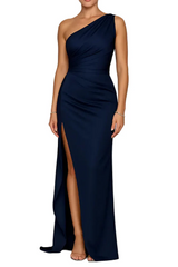 Damen Maxikleid mit One-Shoulder-Ausschnitt und hohem Seitenschlitz – Marineblau