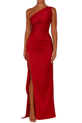 Damen Maxikleid mit One-Shoulder-Ausschnitt und hohem Seitenschlitz – Rot