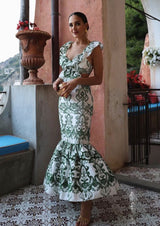 Damen Maxikleid mit Ornamentmuster V-Ausschnitt Rüschenträgern und offenem Rücken – Grün mit Muster