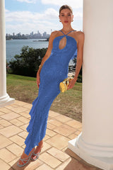 Damen Maxikleid mit Pailletten und kreuzenden Halter Trägern und asymmetrischem Rüschensaum – Blau