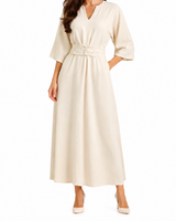 Damen Maxikleid mit Plissierter Taille – Beige
