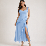 Damen Maxikleid mit Riemen und Rüschenbesatz – Hellblau