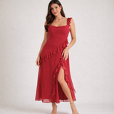 Damen Maxikleid mit Riemen und Rüschenbesatz – Rot