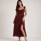 Damen Maxikleid mit Riemen und Rüschenbesatz – Burgund