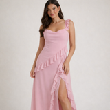 Damen Maxikleid mit Riemen und Rüschenbesatz – Rosa