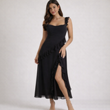 Damen Maxikleid mit Riemen und Rüschenbesatz – Schwarz