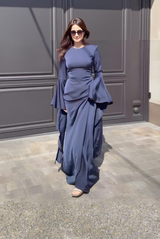 Damen Maxikleid mit Rundhalsausschnitt und Langen Volantärmeln – Blau