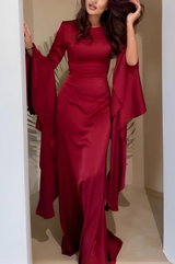 Damen Maxikleid mit Rundhalsausschnitt und Langen Volantärmeln – Rot