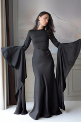 Damen Maxikleid mit Rundhalsausschnitt und Langen Volantärmeln – Schwarz