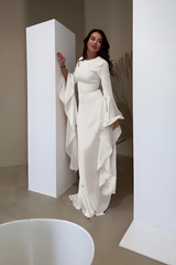 Damen Maxikleid mit Rundhalsausschnitt und Langen Volantärmeln – Weiß