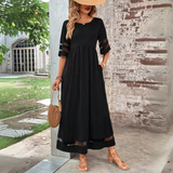 Damen Maxikleid mit Rundhalsausschnitt und Mesh-Streifen – Schwarz