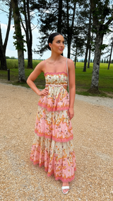 Damen Maxikleid mit Spaghettiträgern Schnürung am Rücken und Stufenrock im Blumenmuster – Rosa