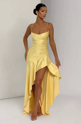 Damen Maxikleid mit Spaghettiträgern und Asymmetrischem Saum – Gelb