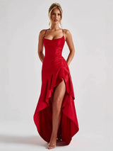 Damen Maxikleid mit Spaghettiträgern und Asymmetrischem Saum – Rot