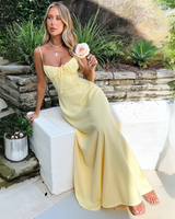 Damen Maxikleid mit Spaghettiträgern und Gerafftem Ausschnitt mit Bindeschleife – Gelb